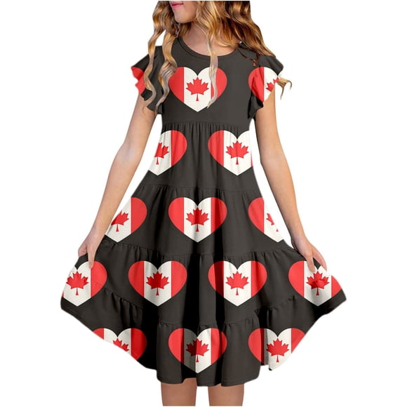 GPOECD Robes Filles Fête du Canada Imprimé Floral Robe Trapèze à Étages avec Manches Volantées et Poches Rouge Blanc Feuille d'Érable Robes d'Été 6-15a 18_Black,160