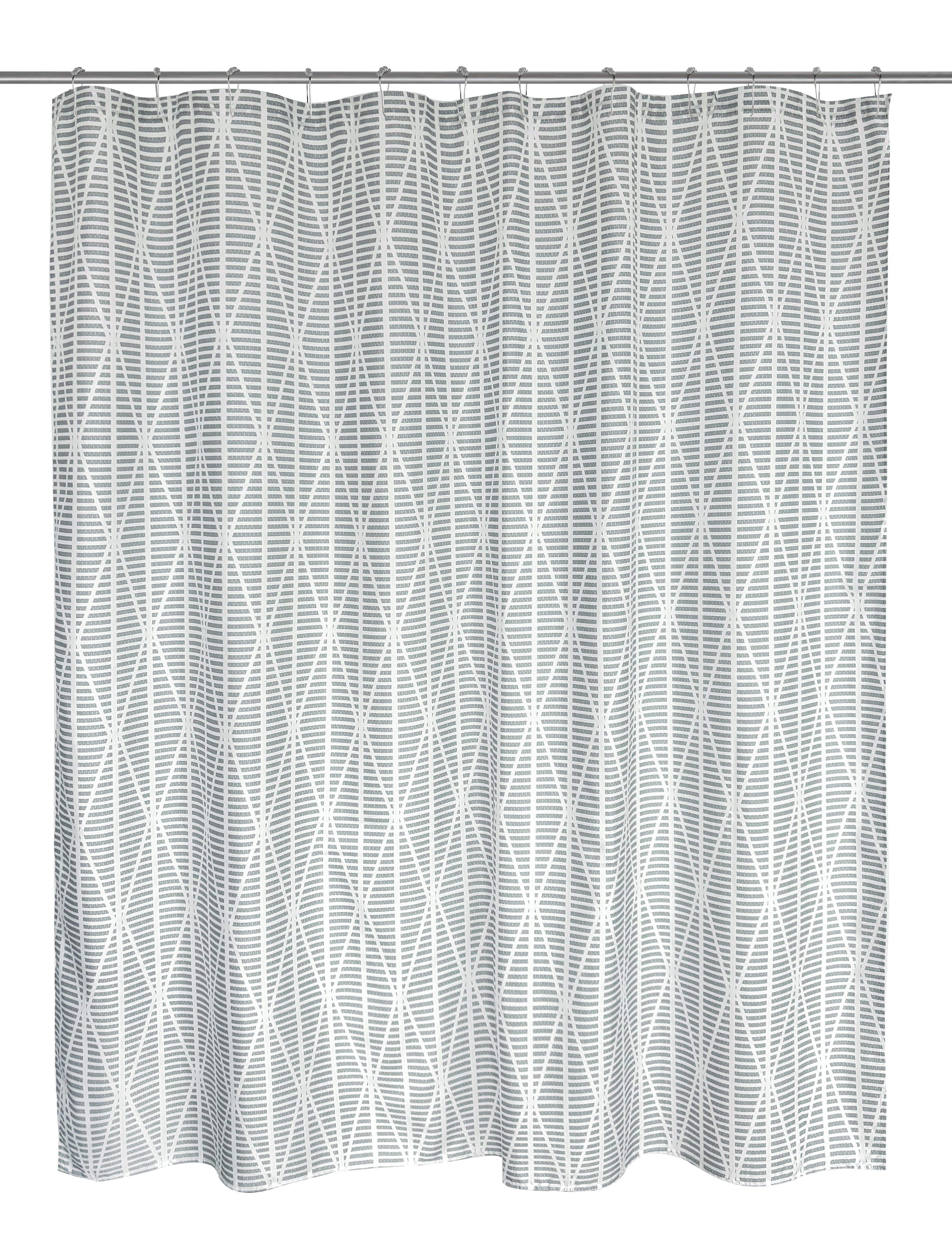 Mainstays 16-Piece Grey Diamond Geo Shower Curtain Bathroom Set – Fabric Curtain with Rug, Hooks, Soap Dispenser & Tray