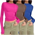 thumbnail image 1 of AherBiu 3pc Women Long Sleeve Shirts Basic Slim Fittd Trendy Cropped Tops Fall Underscrubs Layer Going out Top, 1 of 2
