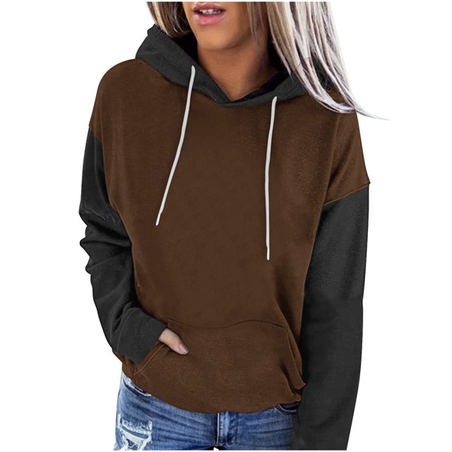 MeetoTime Women's Color Block Hoodie Fall Fleece Long Sleeve Crew Neck Oversized Hooded Sweatshirt Pullover Tops