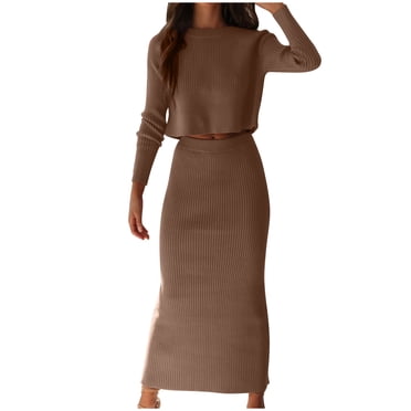 Ensembles zanvins pour Femmes Chic Mode Femmes Uni Décontracté Col Rond Chandail Tricoté Manches Longues + Ensemble Tailleur Jupe