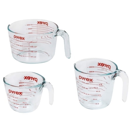 Pyrex 3 Piece Glass Measuring Cup Set, Includes 1-Cup, 2-Cup, and 4-Cup Tempered Glass Liquid Measuring Cups, Dishwasher, Freezer, Microwave, and Preheated Oven Safe, Ess