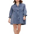 thumbnail image 1 of Robe Chemise à Manches Lanternes 3/4 pour Femmes, Décontractée, Col à Revers, Boutonnée, Taille Haute, Ample, en Denim, 1 of 6