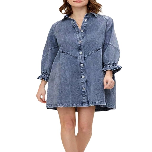 Robe Chemise à Manches Lanternes 3/4 pour Femmes, Décontractée, Col à Revers, Boutonnée, Taille Haute, Ample, en Denim