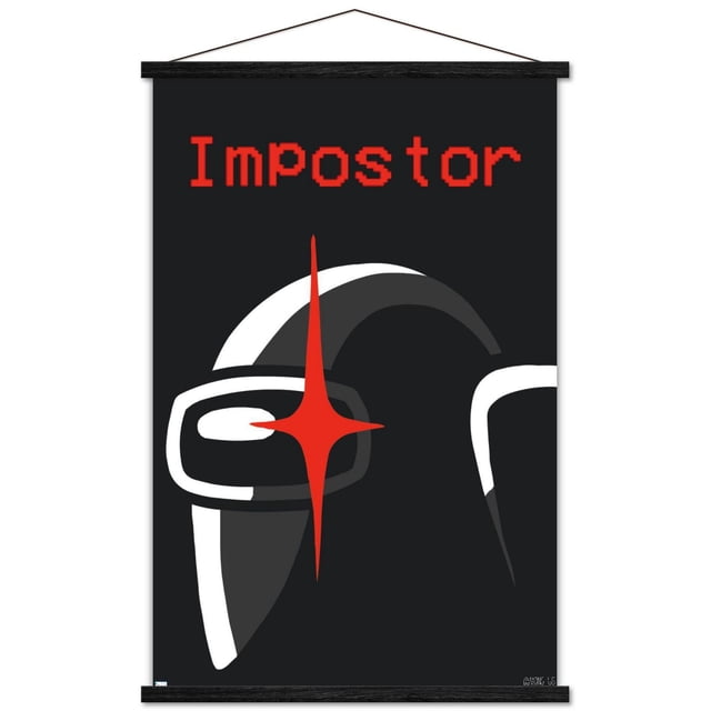 Among Us - Affiche Murale d'Un Imposteur, 22,375 Po x 34 Po, Représentant un Gros Plan Centré d'Un Casque de Coéquipier Noir avec un Contour Blanc et un Éclat en Forme d'Étoile Rouge sur la Visière, avec « Imposteur » en Texte Pixélisé Rouge au-Dessus sur un Fond Noir, Imprimée sur Papier Brillant avec Supports Adhésifs pour une Suspension Facile, Convient pour Décorer des Chambres, des Bureaux Ou des Espaces de Jeu.