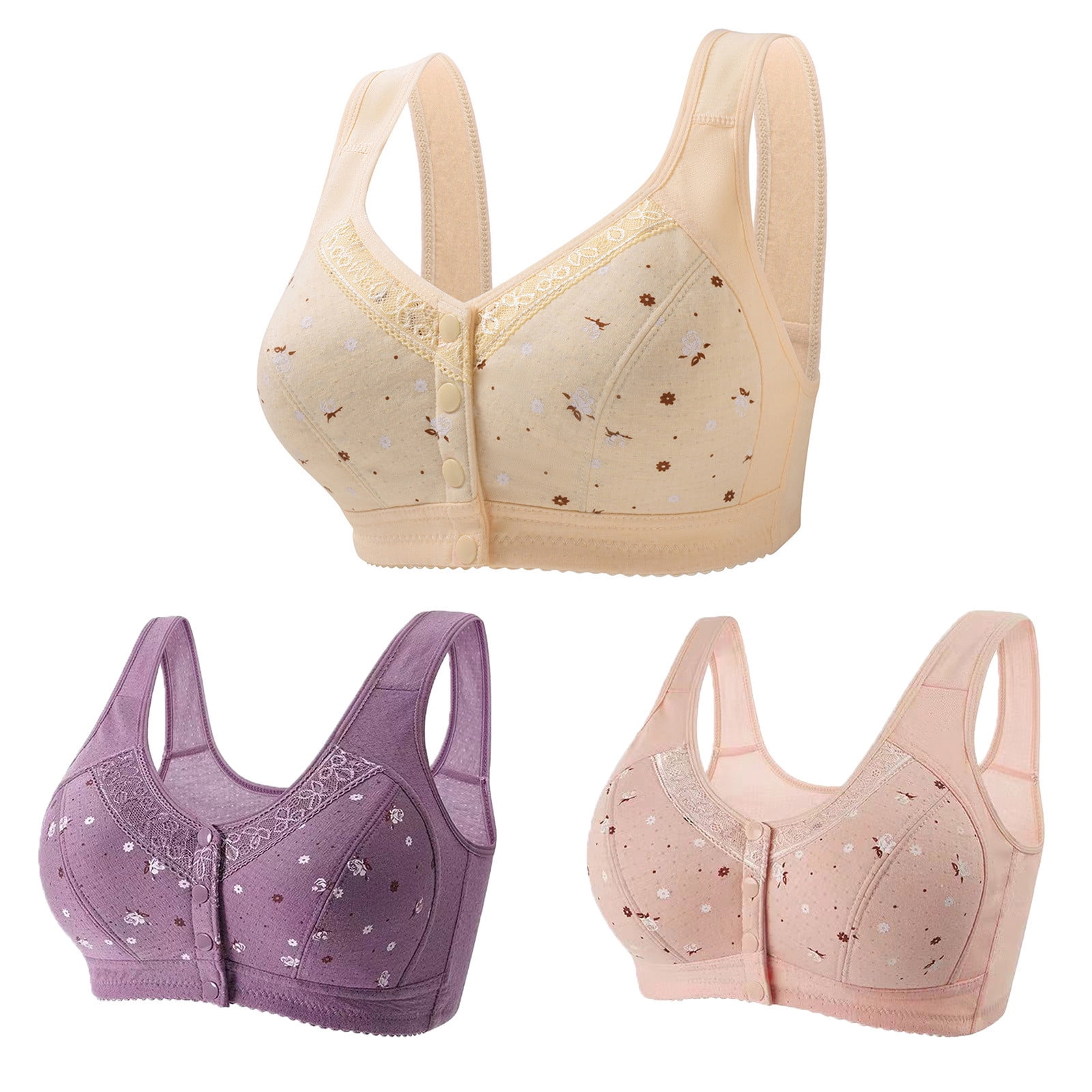 Lenpel Women's Plus Size Front Closure Bras 3 Pc No Underwire Printed Full Coverage Bralettes Comfortable Everyday Bras(Purple,4X-Large)