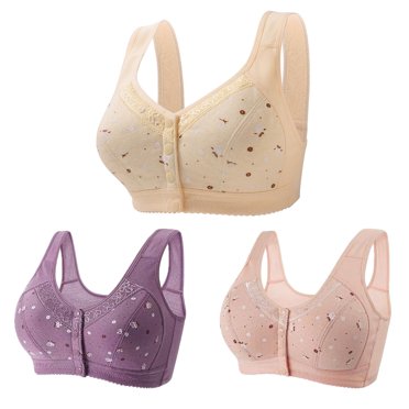 Lenpel Women's Plus Size Front Closure Bras 3 Pc No Underwire Printed Full Coverage Bralettes Comfortable Everyday Bras(Purple,X-Large)