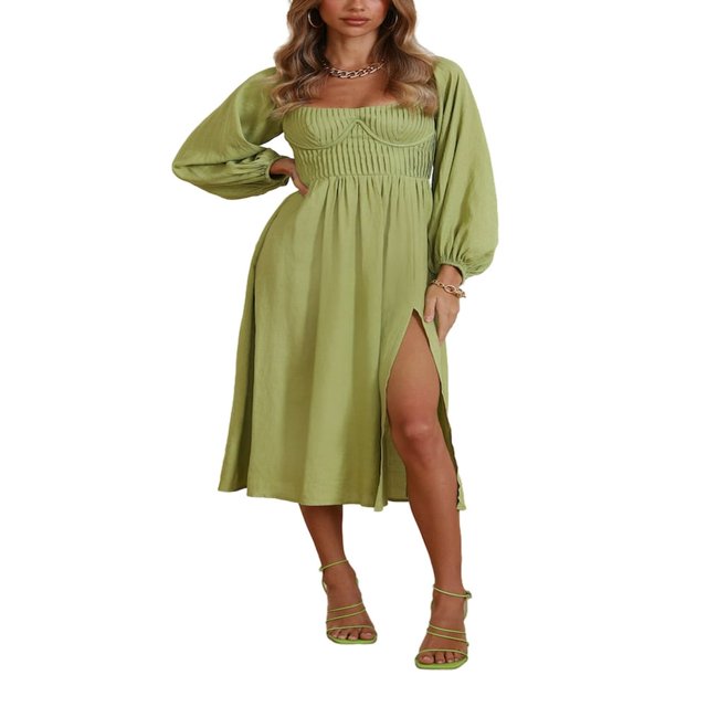 Robe Midi Fluide à Manches Longues et Encolure Carrée pour Femmes
