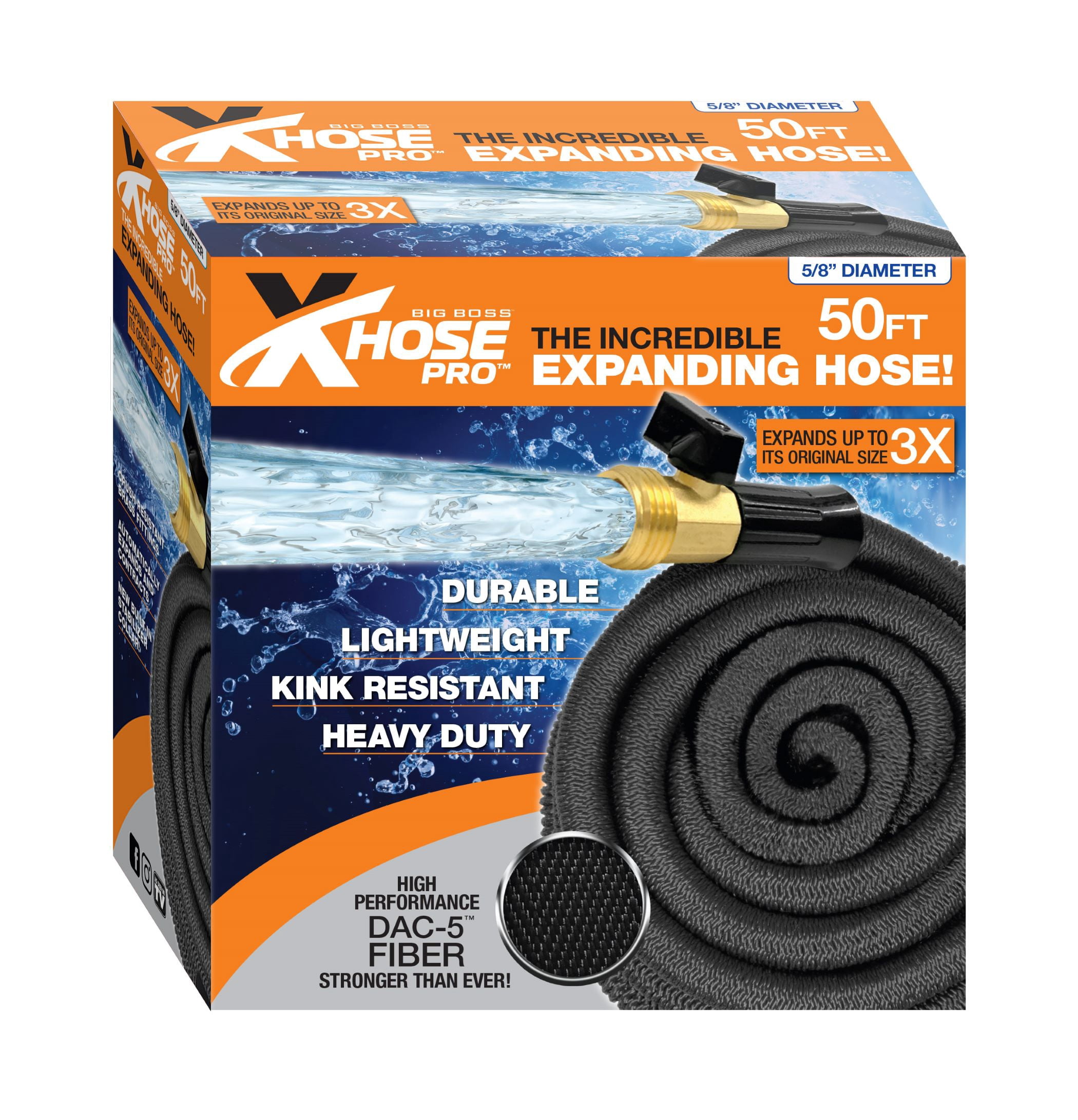 Big Boss Xhose Pro Ft 5/8" Lightweight Expanding Garden Hose with Brass Fittings Kink Resistant Durable Dac-5 Fiber