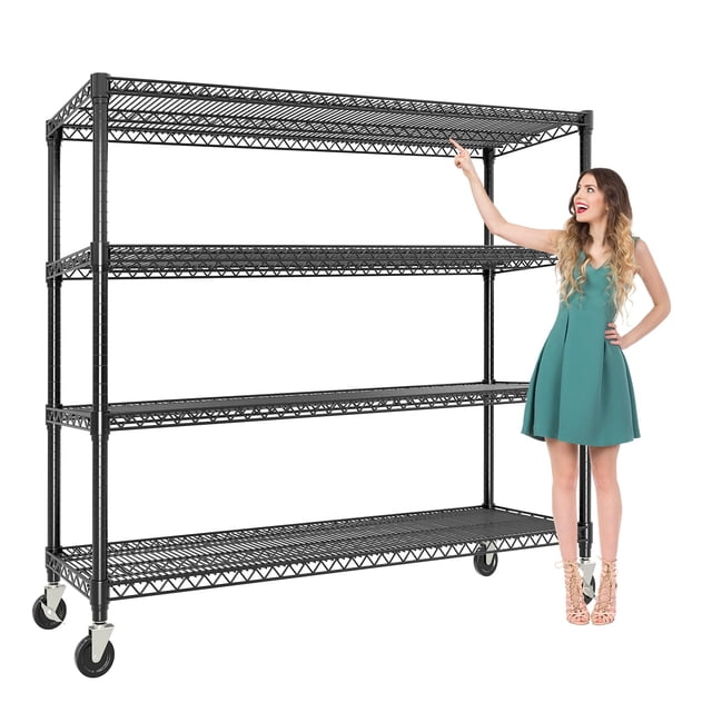 Commercial Heavy Duty Metal Wire Shelving Unit with Wheels – 4 Adjustable Tiers – 2640 lbs Capacity – Food Service Storage Rack for Industrial, Garage, Kitchen Use – 72"H x 59"W x 18"D