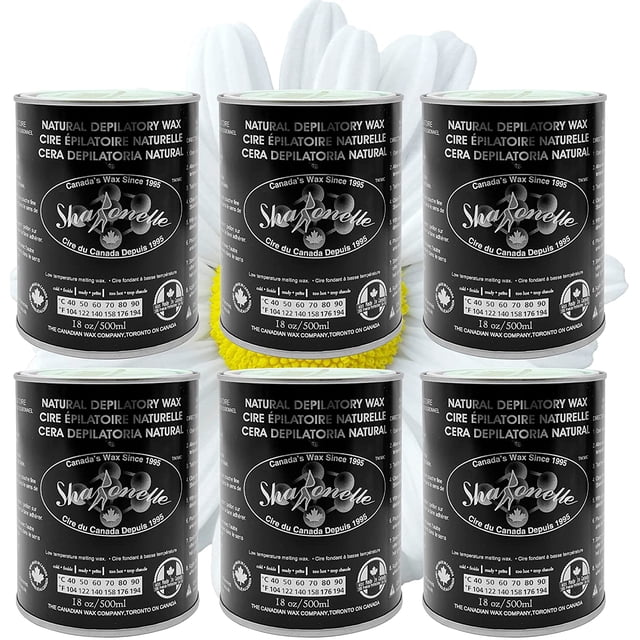 Sharonelle Soft Wax All Purpose Natural Depilatory Canned Wax in a set of 6 cans, each containing 500ml of azulene-infused wax. The black cans feature white text and branding, with a natural depilatory wax label in both English and French. The background includes a white floral design for aesthetic appeal.