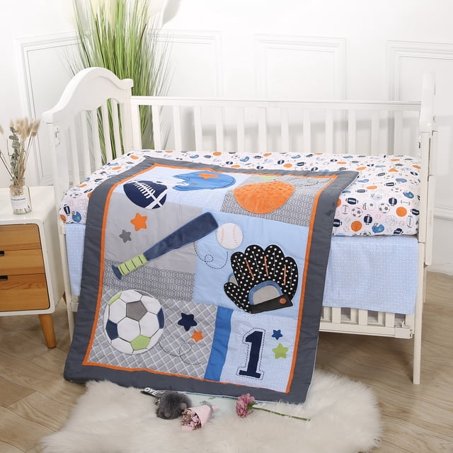 Sweet Baba Soft Cotton Blue Crib Bedding Set for Baby Boys, All-Star MVP 3 PC Crib Set displayed in a nursery setting. The set includes a quilt with a sports-themed design featuring football, baseball, basketball, and soccer motifs, a fitted sheet with a playful sports pattern, and a blue crib skirt. The quilt measures 33x42 inches, the fitted sheet is 27.5x52x8 inches, and the crib skirt is 27.5x52x10 inches. Made primarily of soft, breathable cotton, this bedding set is designed for standard baby cribs and toddler beds.