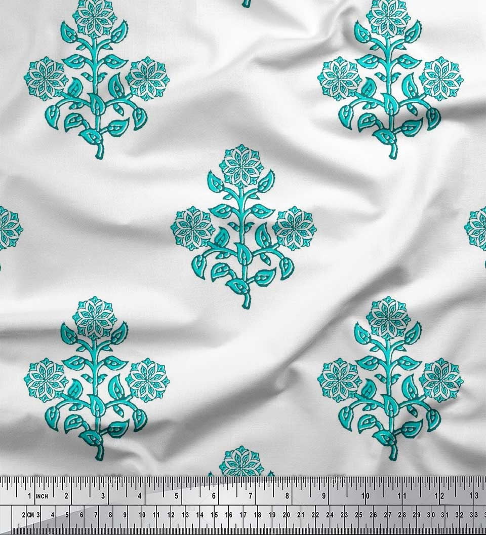 Soimoi Green Velvet Fabric Leaves & Floral Block Print Fabric by the Yard 58 Inch Wide