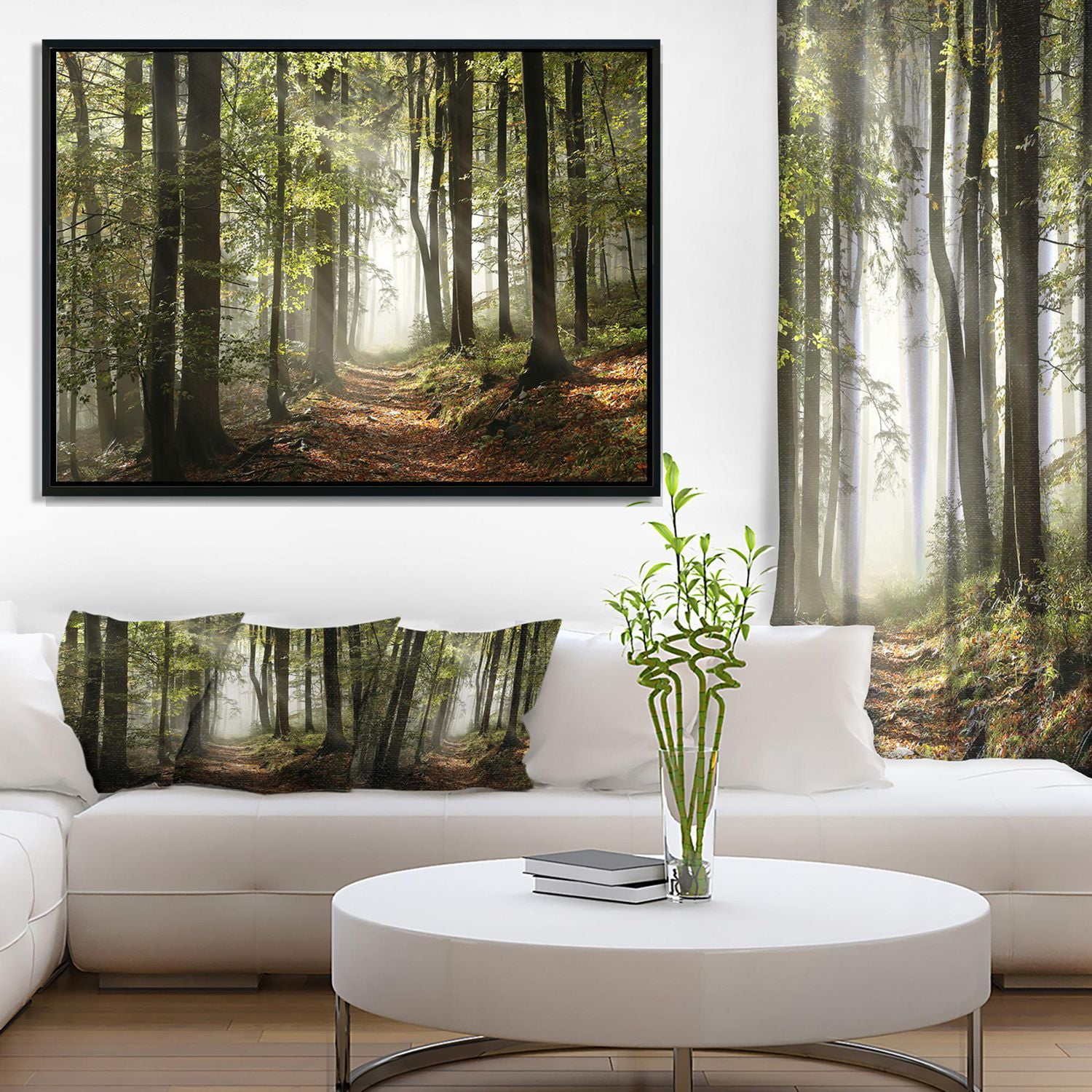 Designart Forêt verte d'automne avec des rayons de soleil ART MURAL À CADRE FLOTTÉ