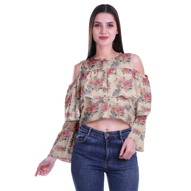 Moomaya Cold Shoulder Tops Shirts For Women Button Down Long Ruffle Sleeve Top