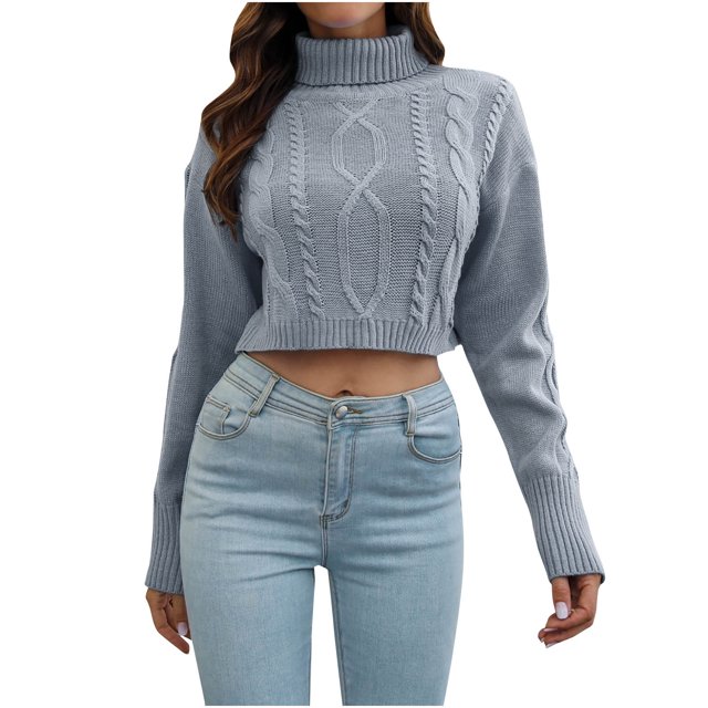 IROINID Women's Turtleneck Pullover Sweater Solid Color Leisure Cropped Long Sleeve Sexy Ruched Blouse Tops