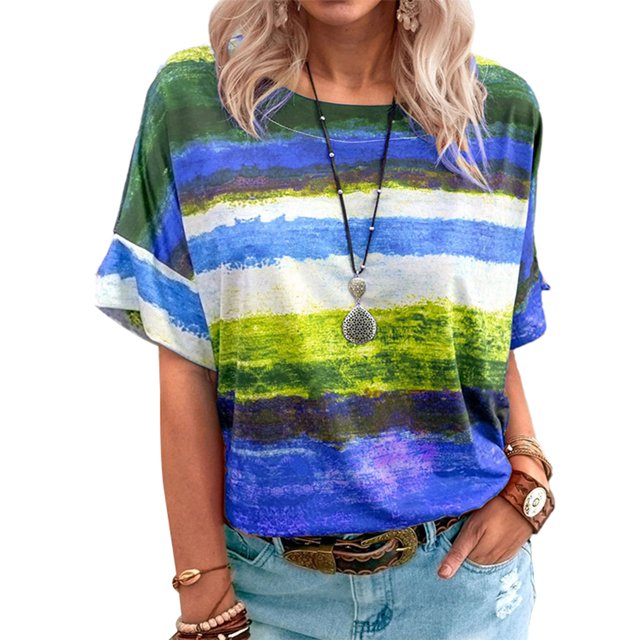 Innerwin Hauts à Rayures T-Shirt Femme Tenue d'Intérieur Manches Courtes T-Shirt Ample Bleu TTG