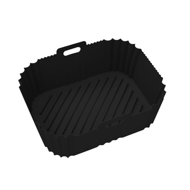 Dvkptbk Silicone Air Fryer Liners Reusable, 6.5x8.3 Inch Airfryer Liners Square. A black silicone air fryer liner with ribbed grooves for airflow, integrated side handles, and a square design. Made of food-grade silicone, it is heat-resistant up to 464°F (240°C) and dishwasher-safe. Suitable for air fryers, ovens, microwaves, and steamers. Dimensions are 8.3 x 6.5 x 3.1 inches.