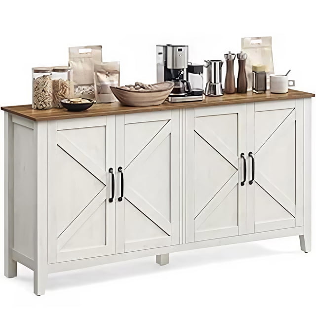 VASAGLE LIRY Collection - Armoire de Rangement, Buffet, Bahut, Crédence, avec Tablettes Ajustables, pour Entrée, Blanc Rustique et Brun Miel