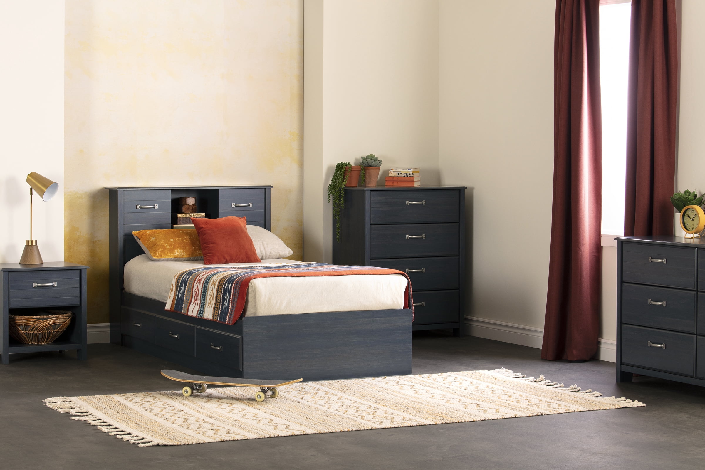 South Shore Ulysses Full Mates Platform Storage Bed with 3 Drawers, in Blueberry
