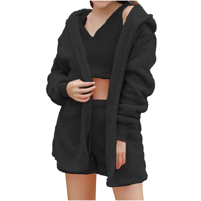 XZNGL Hauts pour Femmes à Manches Longues Hauts à Manches Longues pour Femmes Pyjama en Peluche Uni pour Femmes à Capuche Ensemble Trois Pièces à Manches Longues Hauts pour Femmes à Manches Longues Hauts pour Femmes à Manches Longues