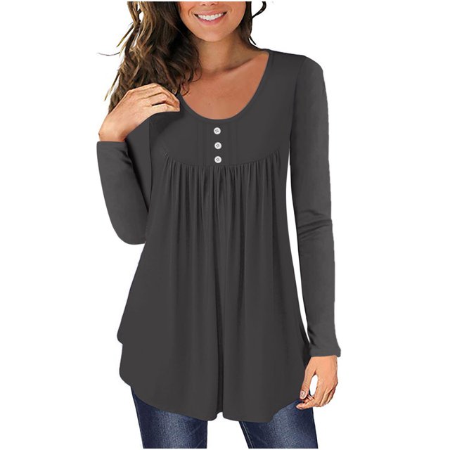 FAIWAD Womens Long Sleeve Tunic Tops Slim Round Neck Buttons Basic Pleated Patchwork Pullover Top