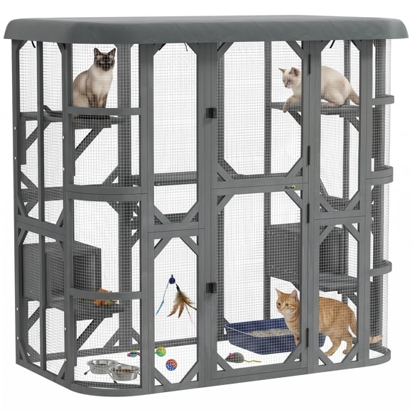 PawHut Catio Outdoor Cat Enclosure, 71" Wooden Cat House with 2 Condos