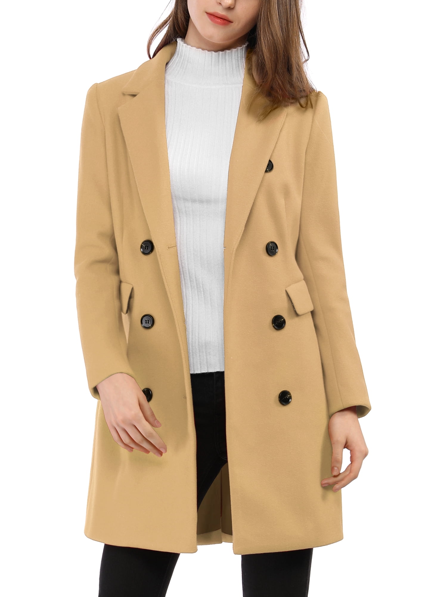 INSPIRE CHIC Manteau Mi-Long à Double Boutonnage pour Femme à Col à Revers Cranté