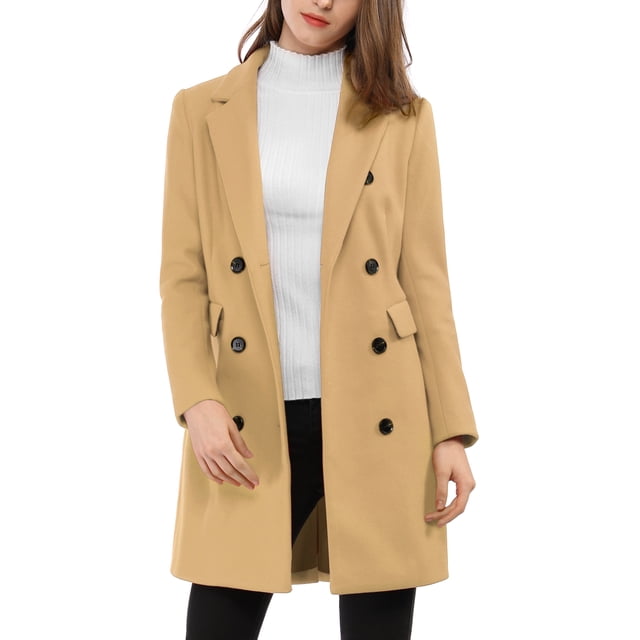 INSPIRE CHIC Manteau Mi-Long à Double Boutonnage pour Femme à Col à Revers Cranté