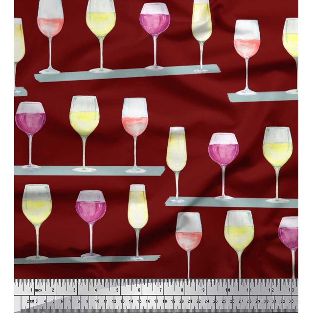 Soimoi Poly Georgette Fabric Wine Glass Bar Printed Craft Fabric by the Yard 52 Inch Wide