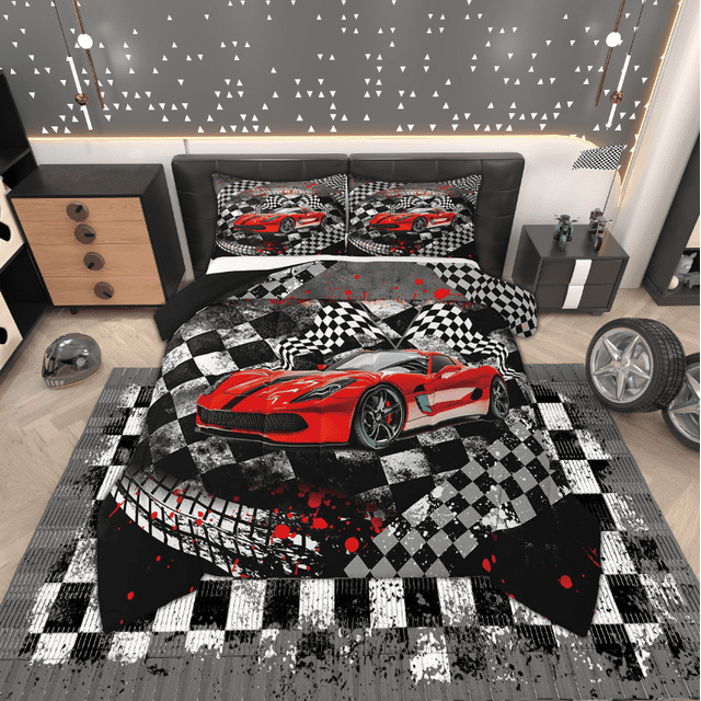 Erosebridal Ensembles de Couette Voiture de Course pour Ados Format Double, Couettes et Duvets Sports Extrêmes pour Garçons Hommes, Noir Rouge, Réversible 3 Pcs