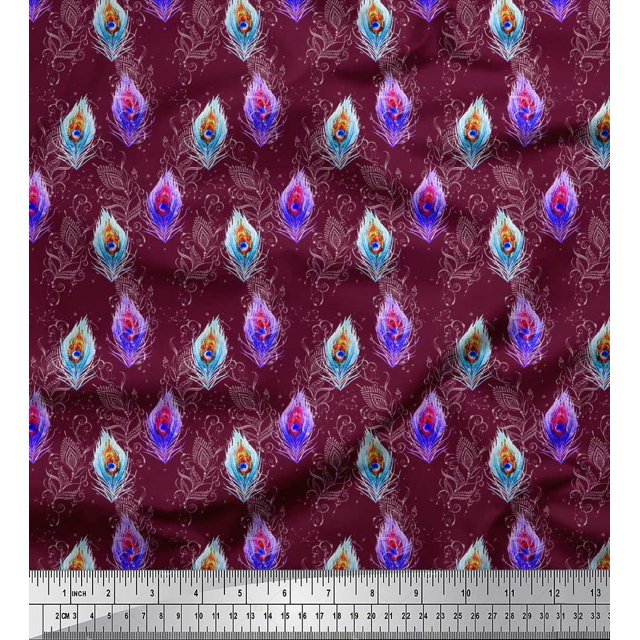Soimoi Purple Poly Georgette Fabric Peacock Feather Printed Craft Fabric by the Yard 52 Inch Wide