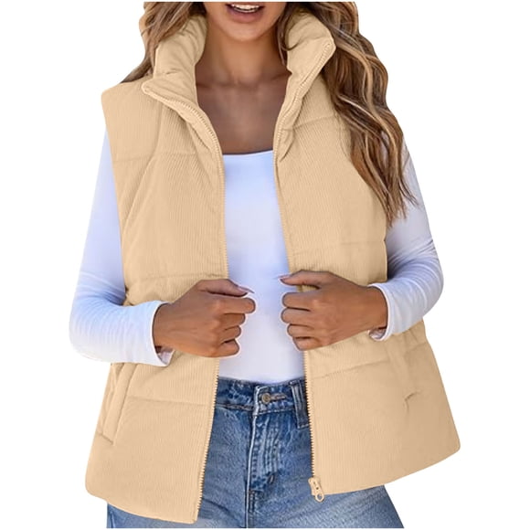 Lmnyox Casual Puffer Vest Jacket for Women Collared Zip Up Winter Thermal Vest Solid Sleeveless Vest Outerwear