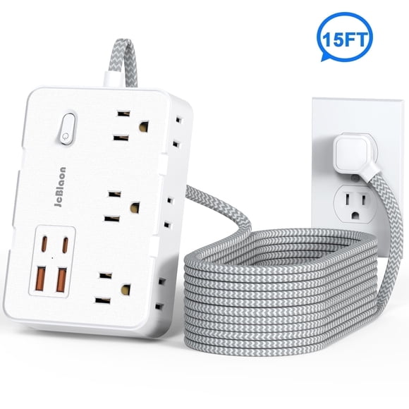 Surge Protector Power Strip 1050J with 4 USB Ports(2 USB C) 6 Outlets for Multiple Devices, 4 Feet Flat Plug Heavy Duty 15ft Extension Cord Braided, Delivery Charging for Home Office, Dorm Essential