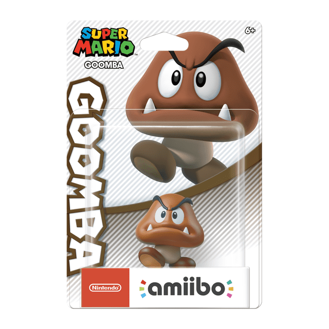 amiibo™ - Goomba figure from Super Mario in original packaging, featuring a brown mushroom-shaped character with angry eyes, white fangs, and black eyebrows, compatible with Nintendo Switch games as a toys-to-life video game accessory using NFC technology.