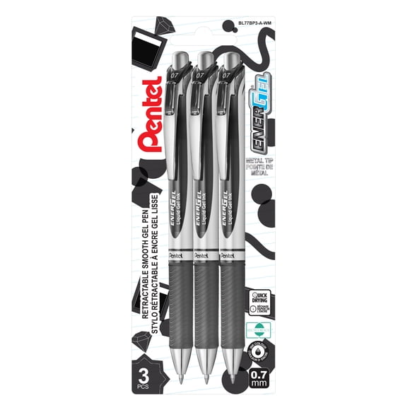 EnerGel Retractable Gel Roller, Medium Medal Tip, 0.7mm, Black Ink, pack of 3