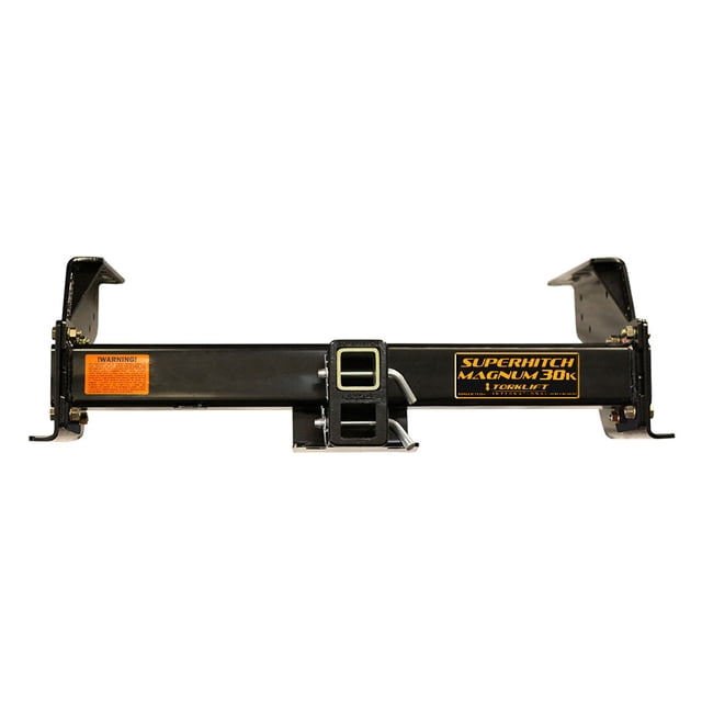 Torklift Trailer Hitch Rear C1213-30 Super Hitch Magnum, Class V, with a square tube welded design and patented dual receiver system featuring 2-1/2 inch upper and 2 inch lower receivers. Ideal for heavy-duty towing, offering a 20,000-pound weight carrying capacity and 30,000-pound weight distributing capacity. Suitable for trailers and towing applications, with high penetration dual shield welding for durability.