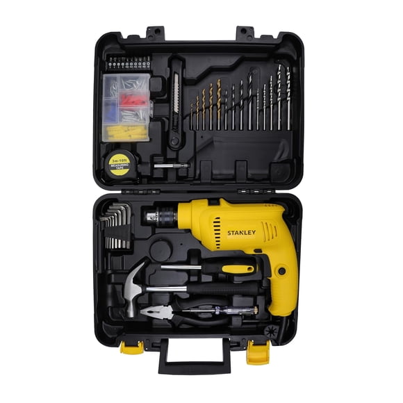 Sdh550kp 550w 10mm Corded Single Speed | Hammer Drill Machine & Hand Tool Kit -120-Pieces - Includes Hammer Drill, Measurement Tape, Drill Bits, Hammer, | Yellow & Black, Accessories