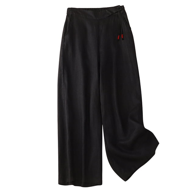 Timegard Cotton Linen Pants for Women Wide Leg Elastic Waisted Casual Loose 7/8 Trousers with Pockets