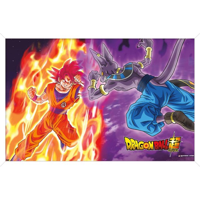 Dragon Ball : Super - Affiche Murale de Bataille de Dieux, 22,375 Pouces x 34 Pouces Représentant Goku sous la Forme de Dieu Super Saiyan avec des Cheveux Rouges et une aura Ardente sur la Gauche, Face à Beerus, le Dieu Violet de la destruction en Pantalon Bleu et Accessoires Dorés, sur un Fond Violet Cosmique avec le logo Dragon Ball Super, Idéal pour la Déco de Chambre à Thème Anime.