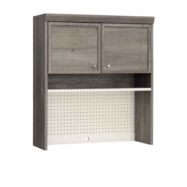 Sauder Craft Pro Series Tour d'Artisanat en Fini Gris Patiné avec Deux Portes d'Armoire avec Boutons Ronds en Métal, une Tablette Réglable derrière les Portes, une Tablette Blanche Ouverte Fixe en Dessous, et un Dos à Panneau Perforé avec Accès au Cordon, Idéal pour Organiser les Fournitures d'Artisanat et Se Fixer aux Armoires de Rangement Assorties Ou aux tables d'Artisanat.