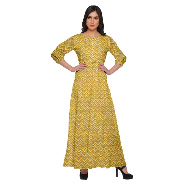 Moomaya Printed Round Neck 3/4 Sleeve Long Maxi Dress With Drawstring Waist