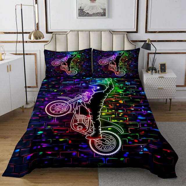 Motocross Rider Bedspread Set Vehicles Dirt Bike Quilt Set Queen,Racing Motorcycle Coverlet Set Race Cars Quilted,Motorbike Extreme Sports Room Decor
