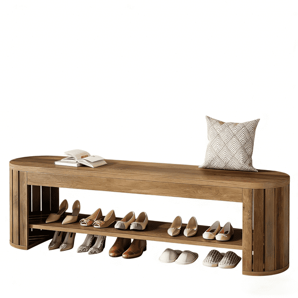 Fnova 63 Inch Farmhouse Entryway Shoe Bench, MDF Storage Bench with Vertical Slat Arc Legs for Bedroom Living Room Entrance