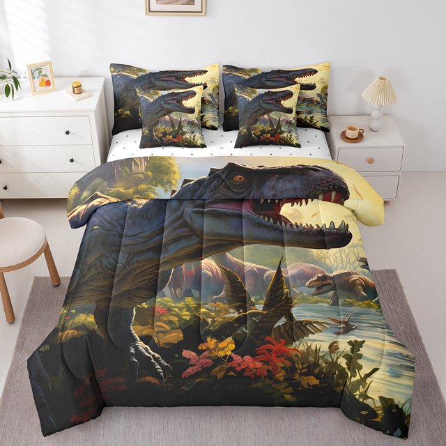 YST 7Pcs Dinosaur Comforter Set Bed in a Bag, 3D Wild Animal Theme, Polyester, Twin (7 Count)