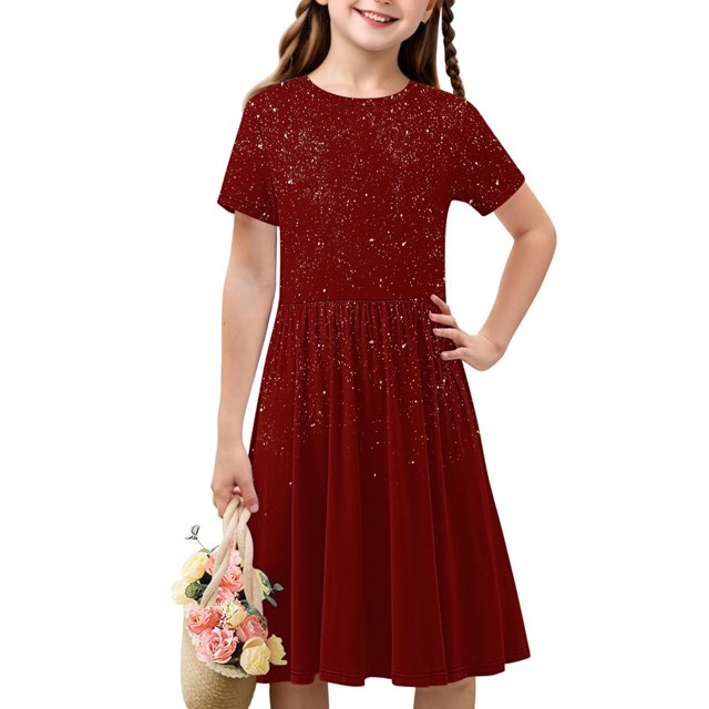 Offre Hebdomadaire d'Été Iumwxz Robe Décontractée Trapèze Robe Tunique pour Adolescentes Robes Col Rond Robe à Manches Courtes Brillante à Motif pour Enfants Robes Stylées pour Fête des Fêtes 4-14 Ans