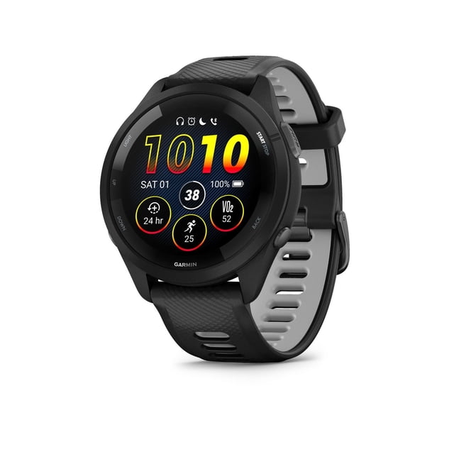 Garmin Forerunner® 265 AMOLED smartwatch with black bezel and case and black/powder gray silicone band, shown in a 3/4 front view. The round AMOLED touchscreen displays a digital clock with fitness metrics including heart rate, VO2 max, and step count. It features four side buttons and a textured, ventilated band. Designed for GPS running and multi-sport tracking, it offers up to 13 days of battery life in smartwatch mode and is suitable for detailed health and training insights.