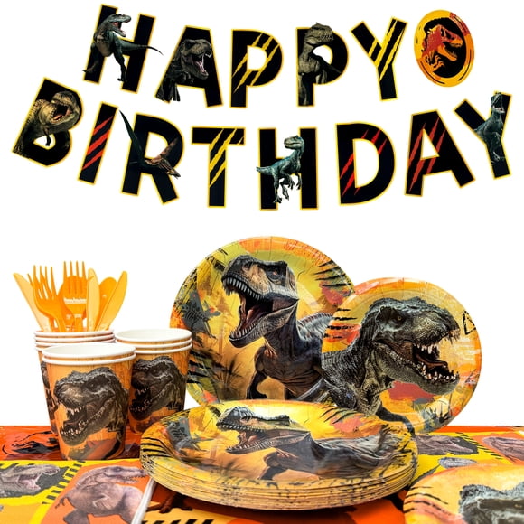 Jurassic World Birthday Decorations, 127pcs Jurassic World Party table- Yellow Plate Cups Napkins Tablecloths Banner Etc Party Supplies