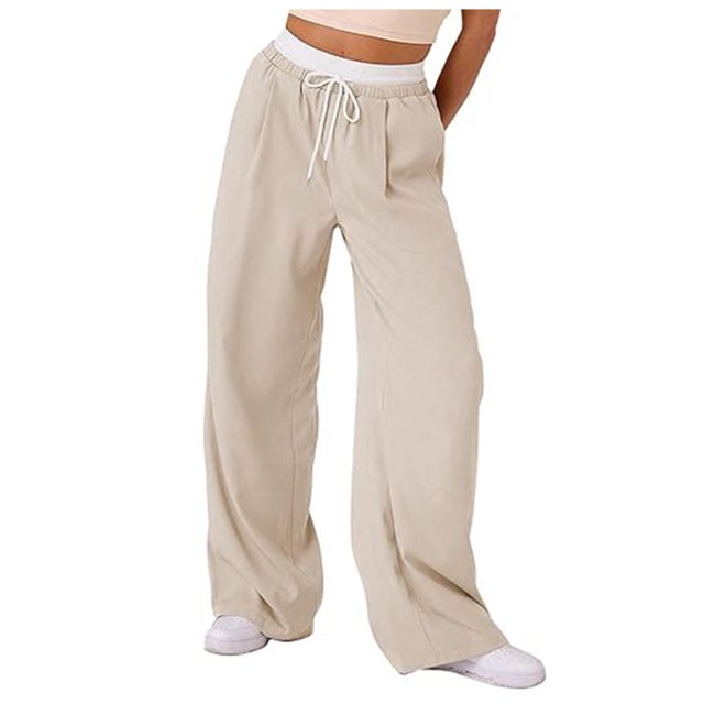YFELWZ Womens Plus Size Color Contrast Draw Rope Casual Wide Leg Pocket Straight Leg Loose Wide Leg Pants Beige XL