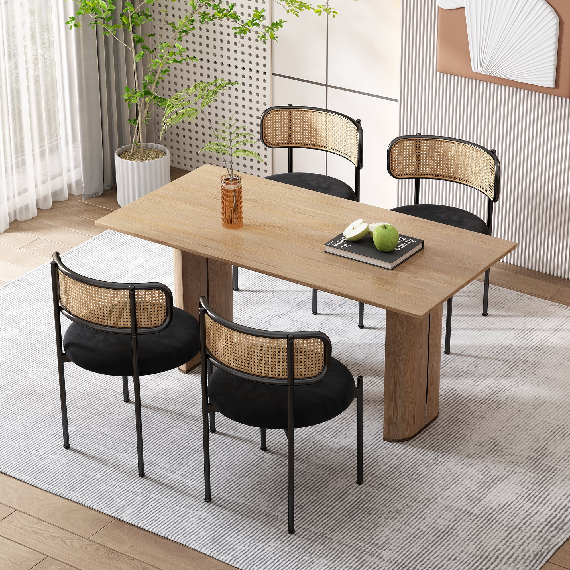 Noble House Ensemble de 4 Chaises de Salle à Manger en Velours avec Dossier en Rotin PE, Pieds en Métal Robustes, Noir+naturel